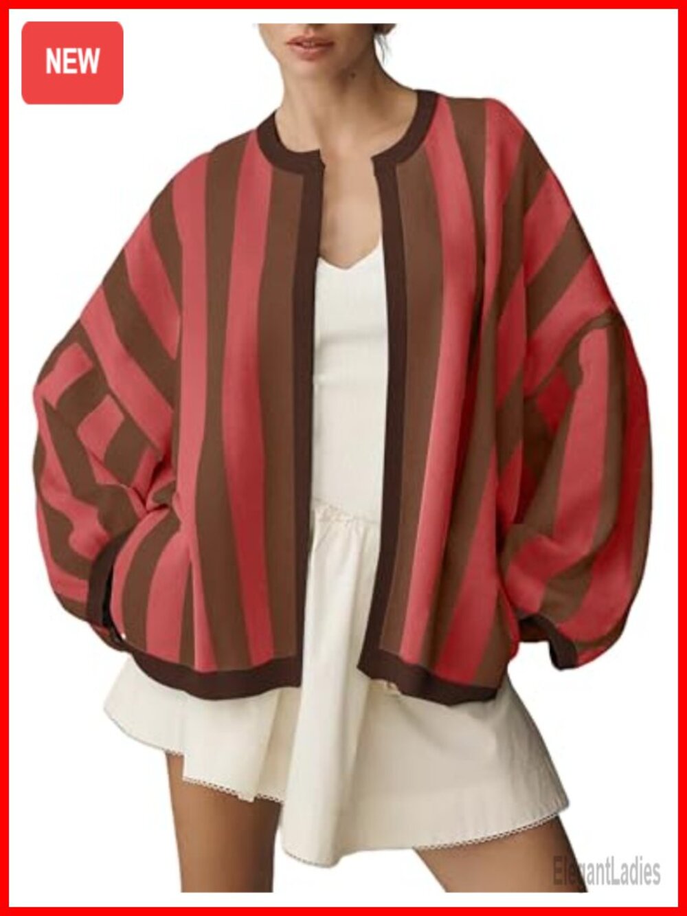 Loose Fit Striped Cardigan Long Balloon Sleeve Open Front Knit Sweater